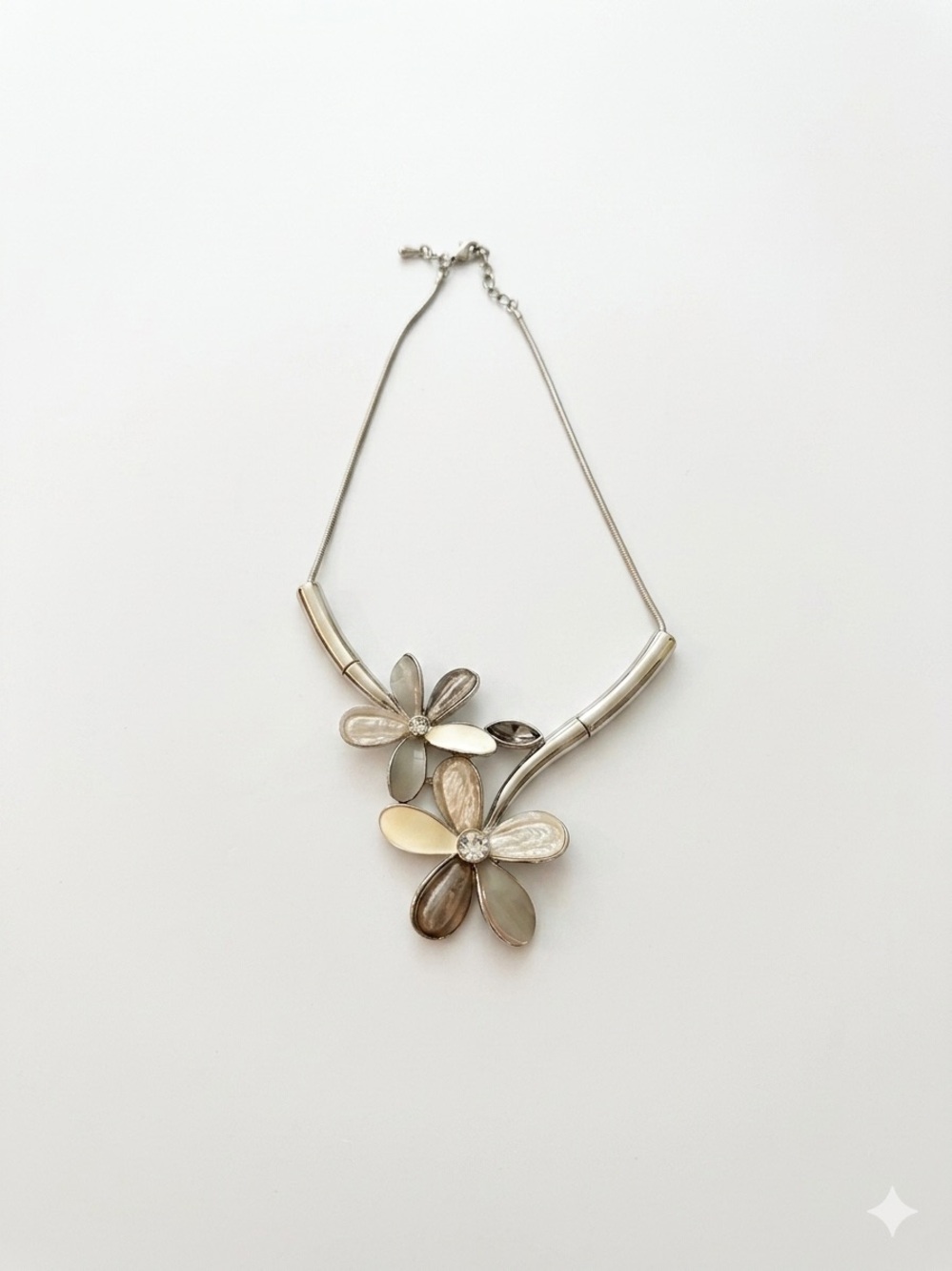 Silver Floral Pendant Necklace with Neutral Petals